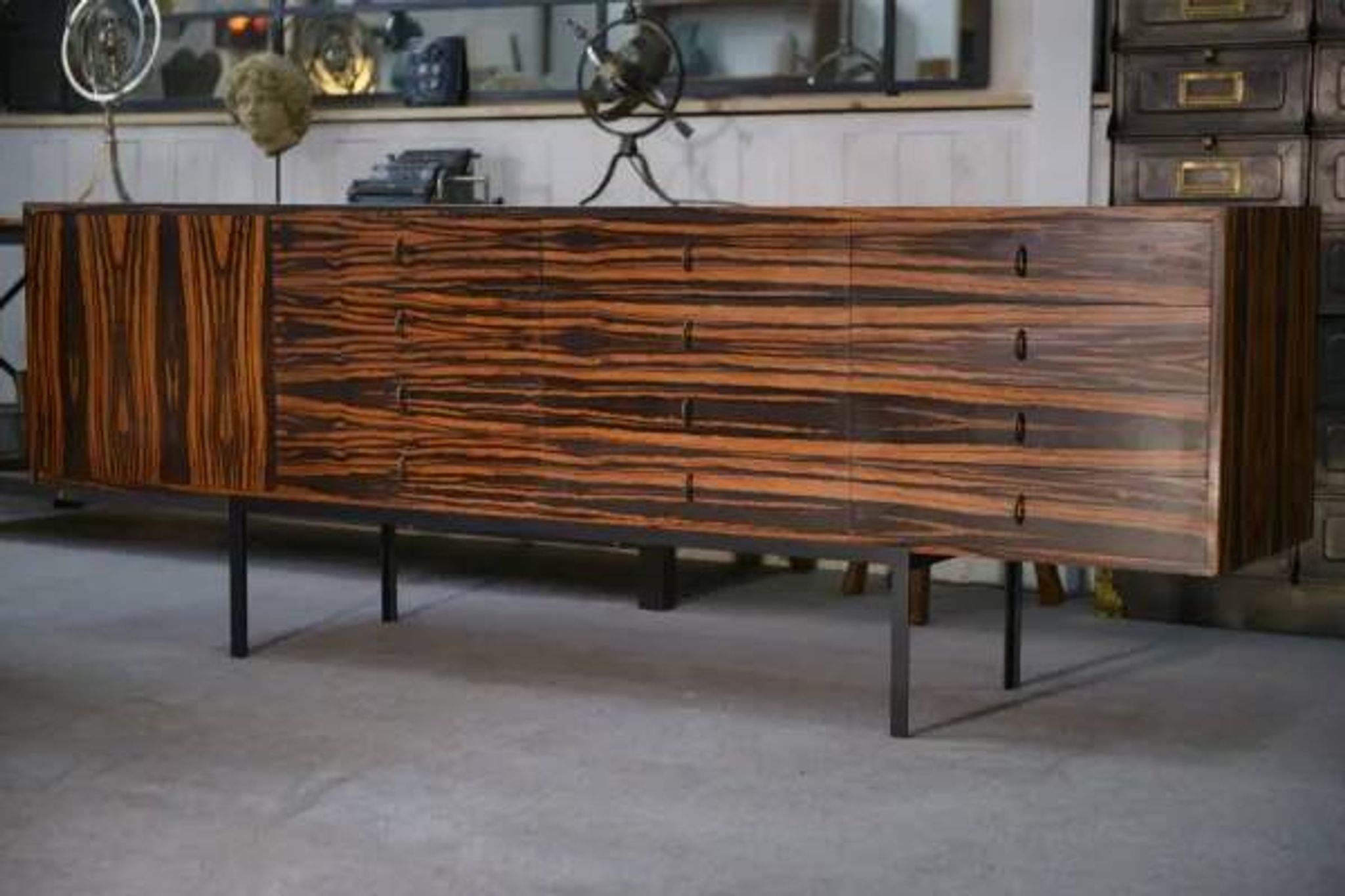 Designer sideboard in Gabonese ebony, 1 door, 12 drawers, 1960s