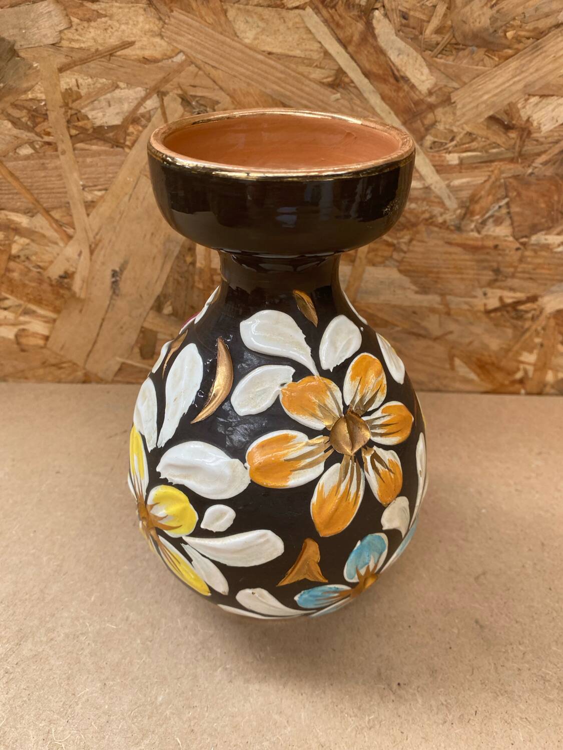 Antique glazed terracotta vase flower decor made in italy vintage