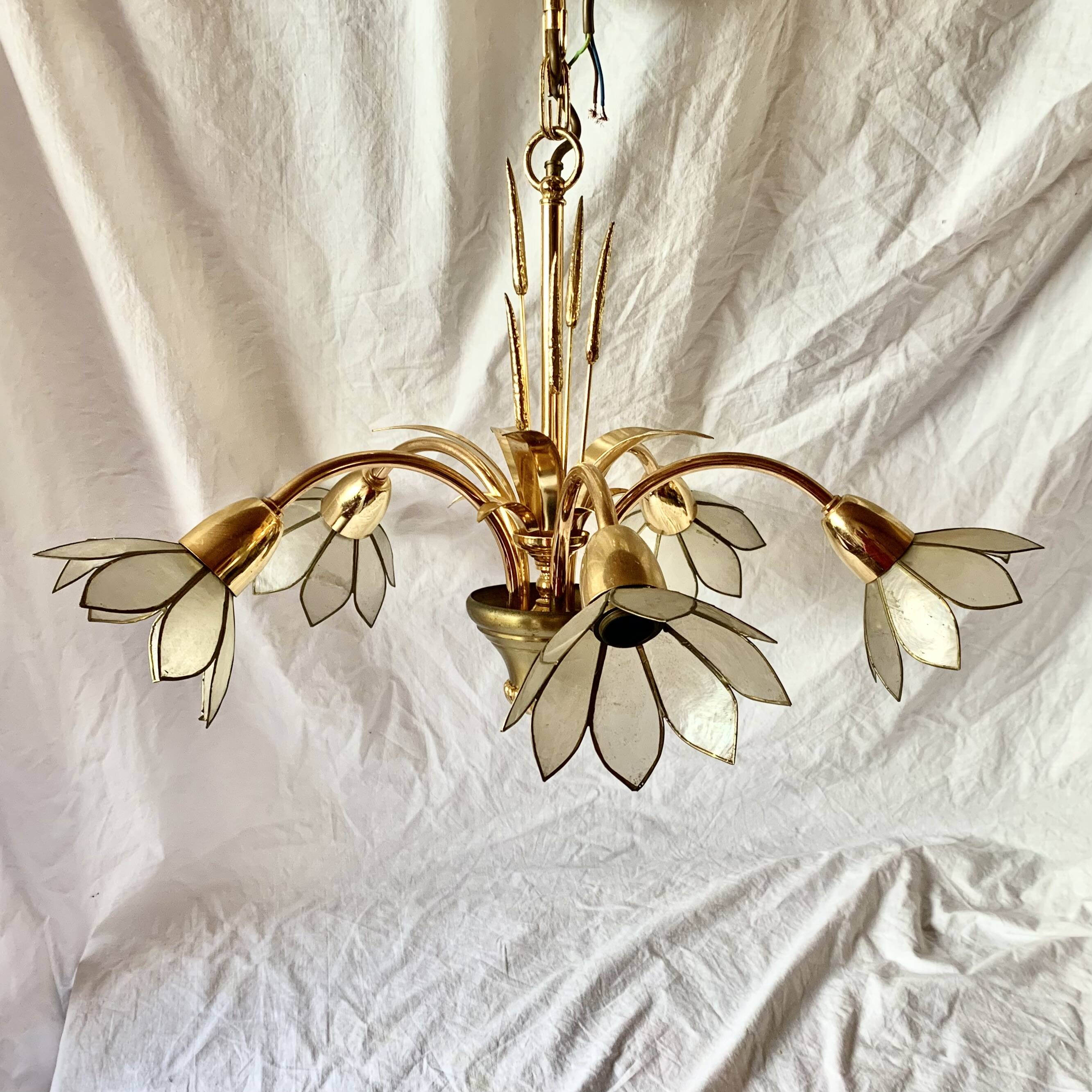 Vintage chandelier in gold metal and mother-of-pearl petals - 5 branches