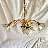 Vintage chandelier in gold metal and mother-of-pearl petals - 5 branches