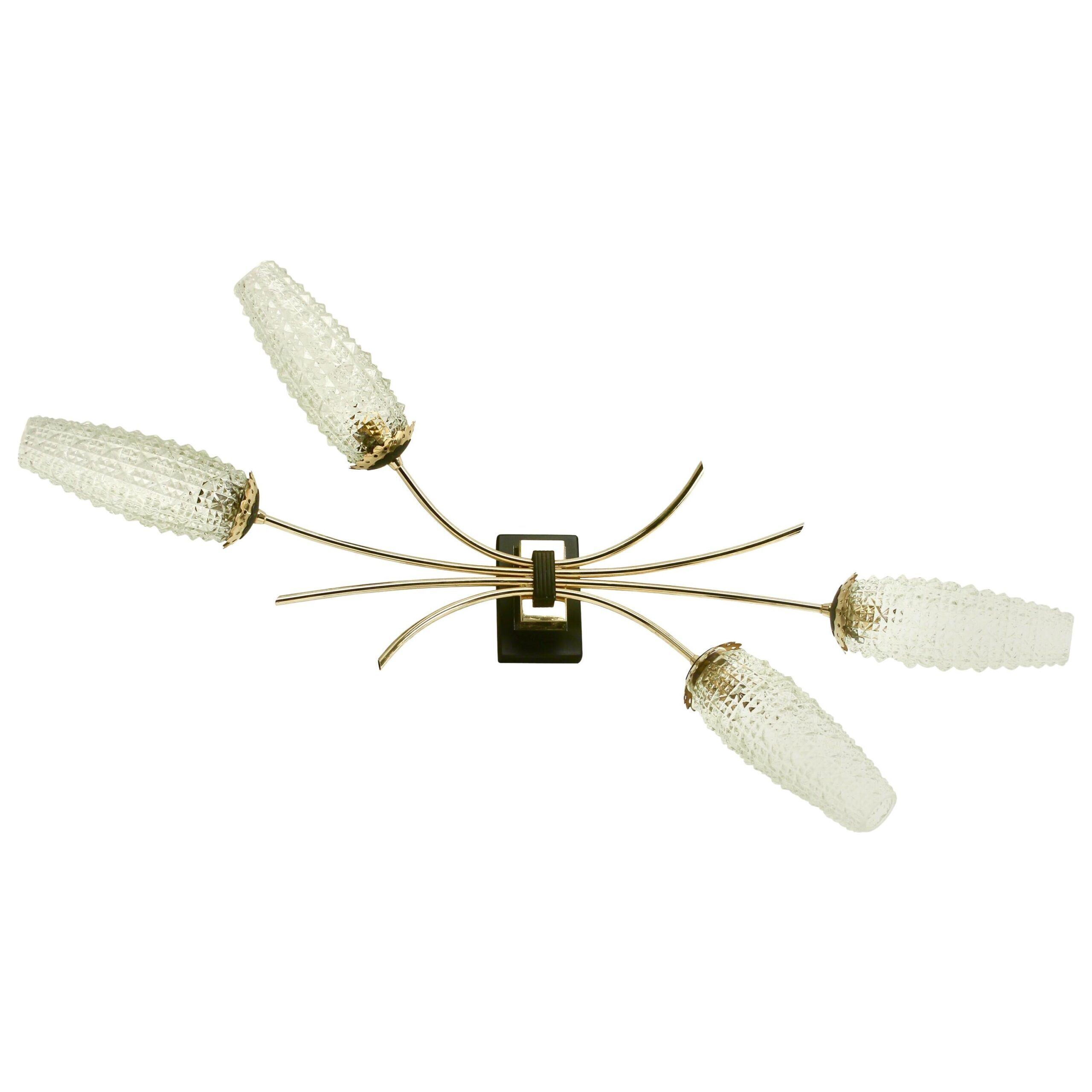 Wall lamp with brass rods and glass lampshade, 1960s