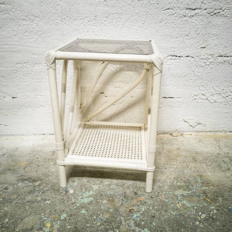 Side table in white rattan and smoked glass