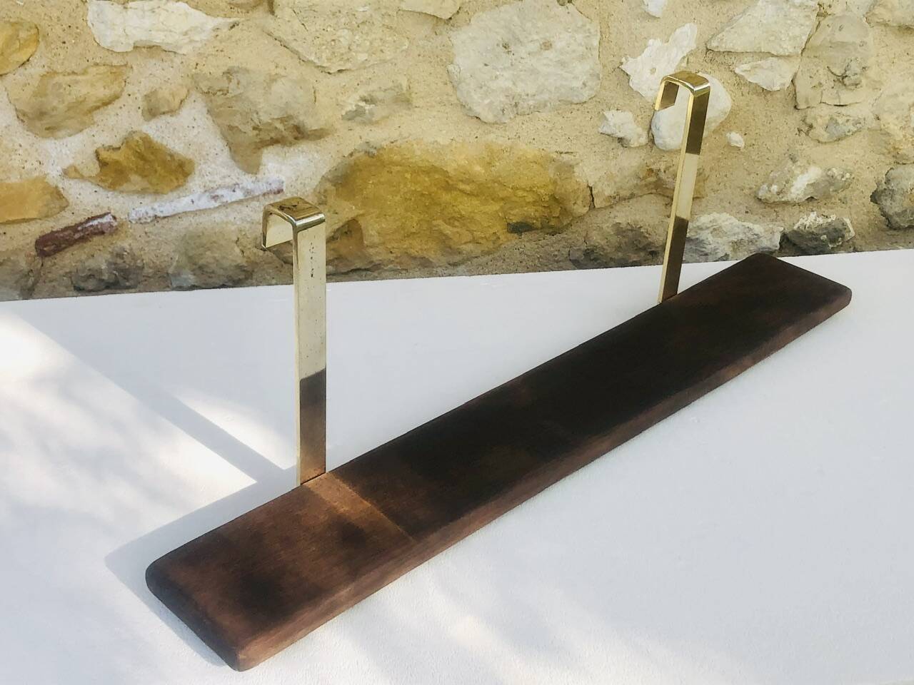 Vintage brass and wood hanging wall shelf