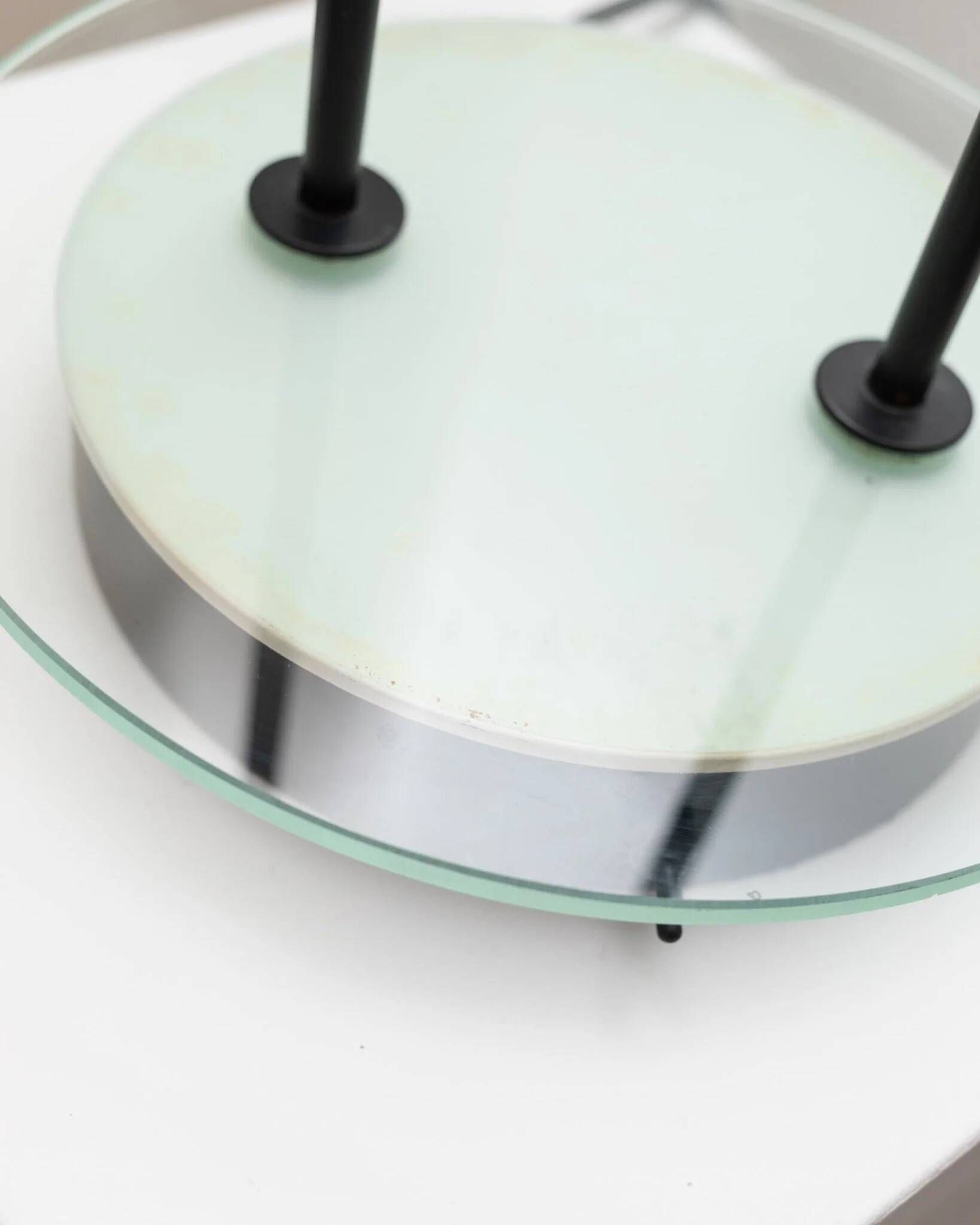 Vintage black metal table lamp with frosted glass disc, Italy, Postmodern Memphis 1980s