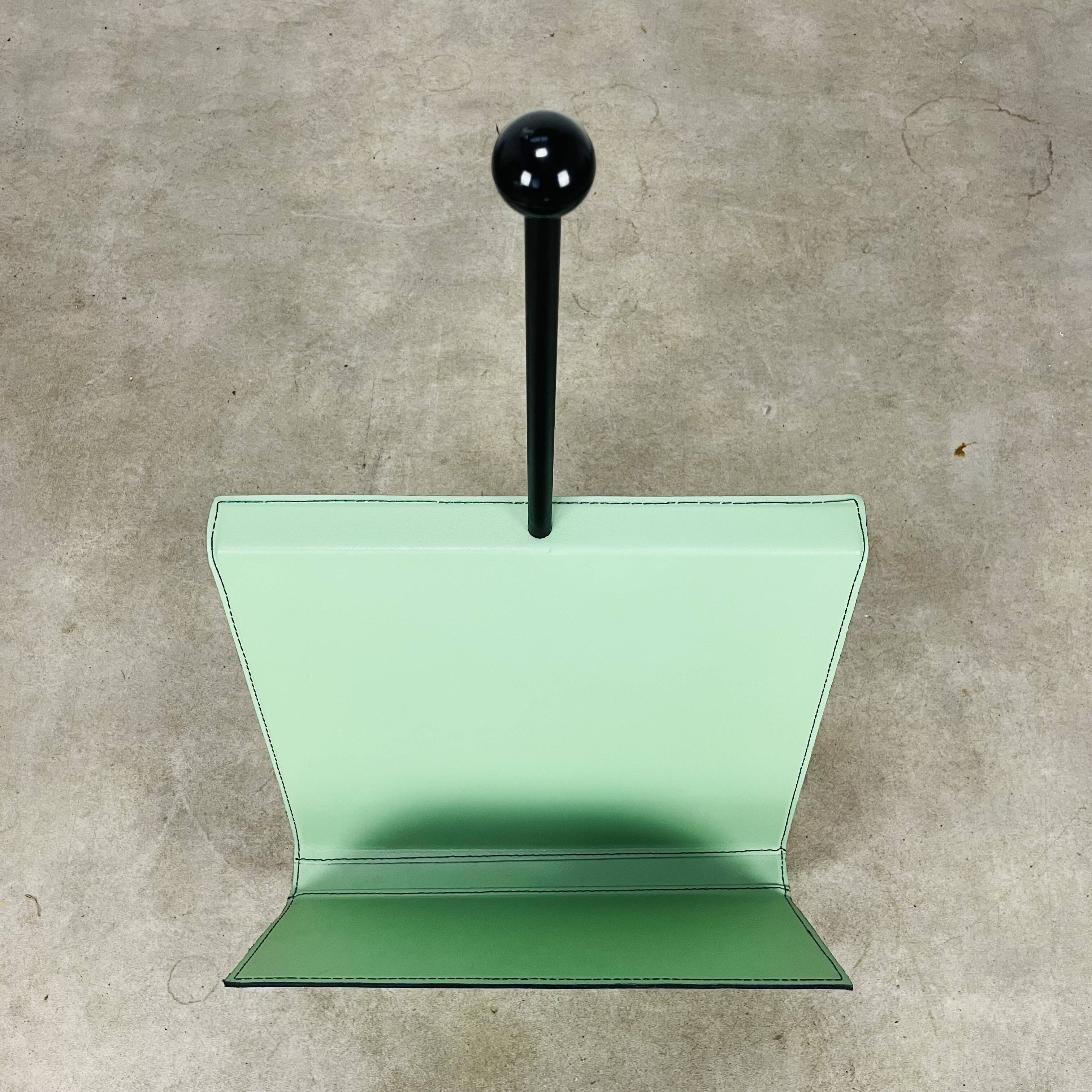 Postmodern magazine rack by Porada Arredi, green leather, 80s memphis