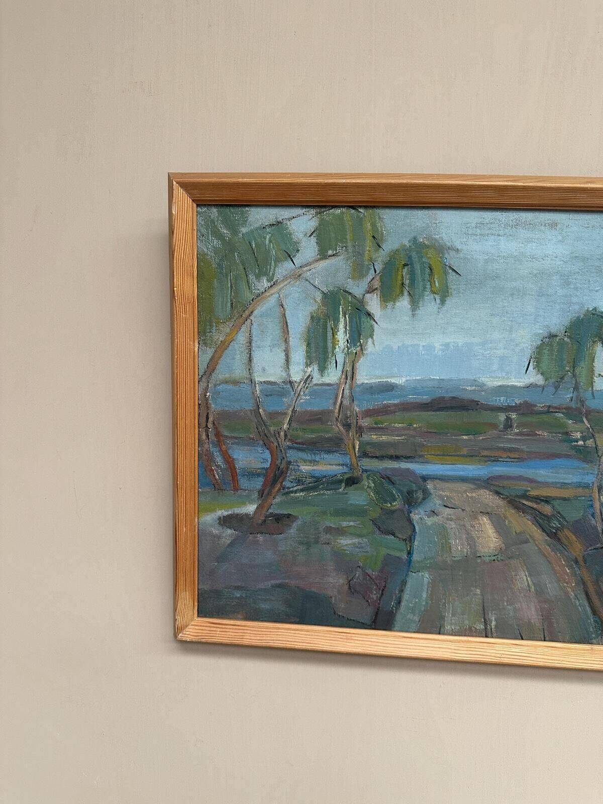 Original Mid Century Scandinavian Oil On Canvas – Path “H.E.” (1960) – Signed – Vintage & Framed – 52 × 43 Cm (20.5" × 16.9")