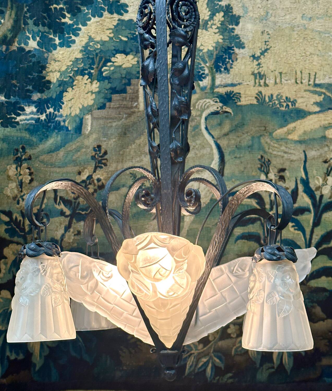 Degué - art deco period molded glass and wrought iron chandelier
