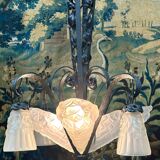 Degué - art deco period molded glass and wrought iron chandelier