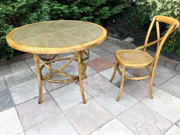 Table cannage et bois courbé vintage, meuble ancien