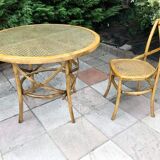 Table cannage et bois courbé vintage, meuble ancien