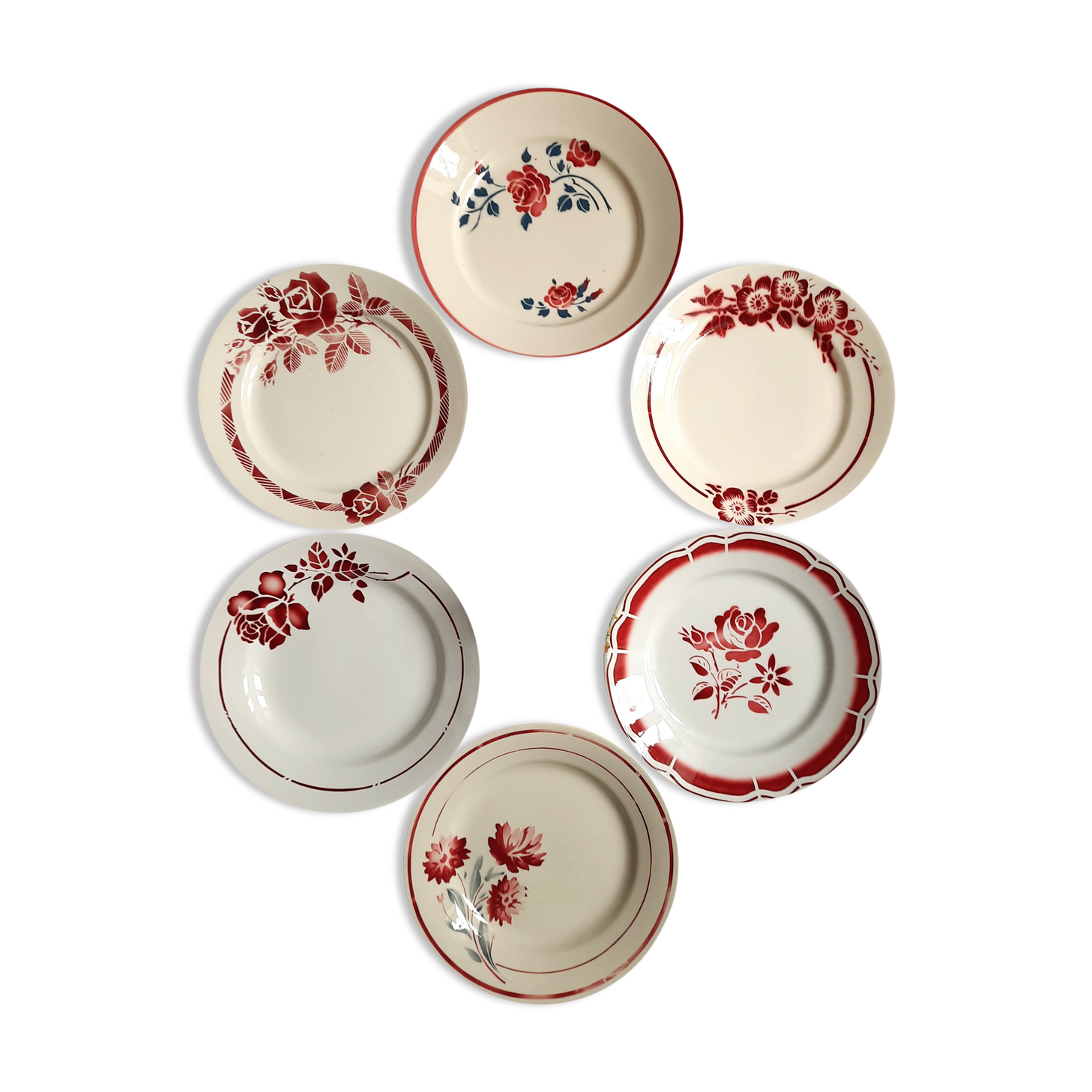 6 old flat plates mismatched in earthenware