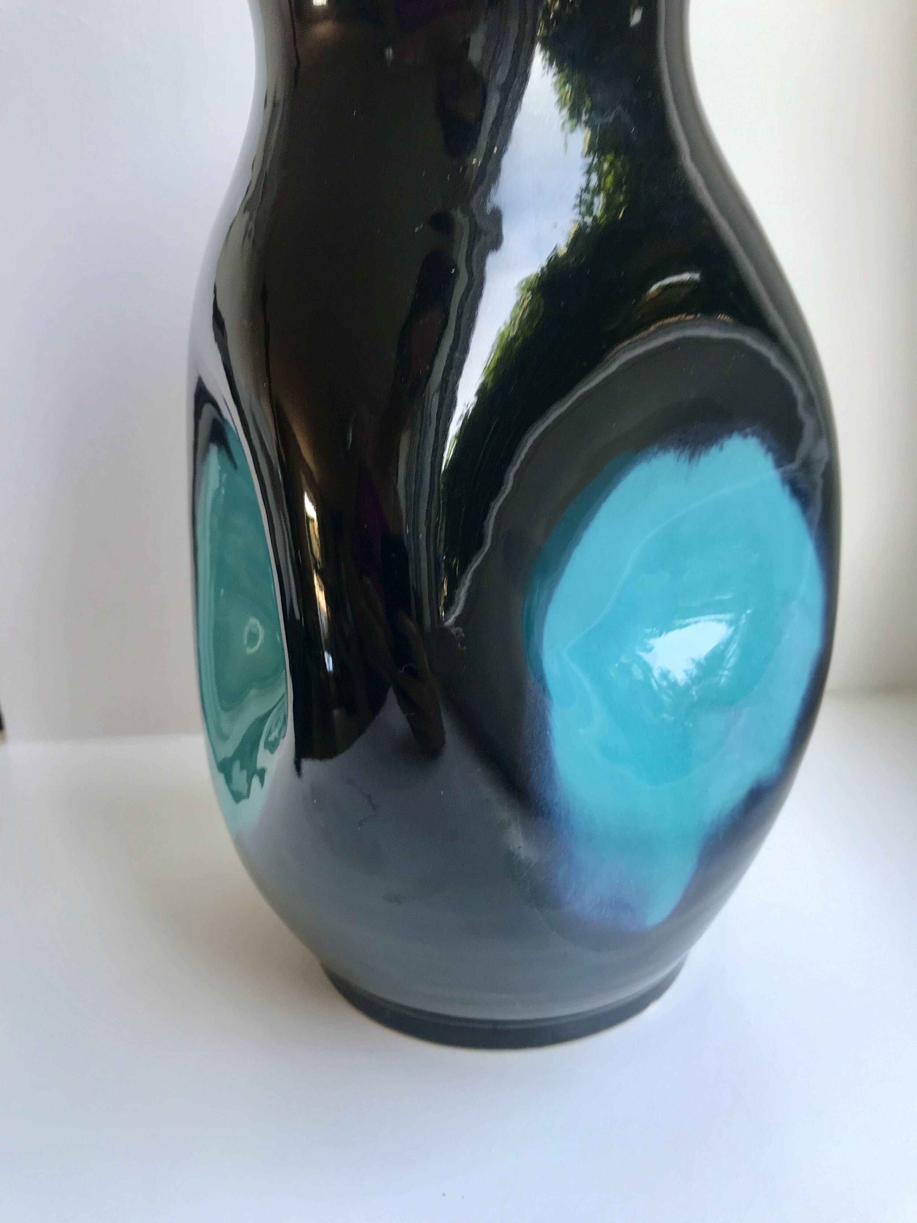 free-form design vase in black and blue ceramic from the 70s