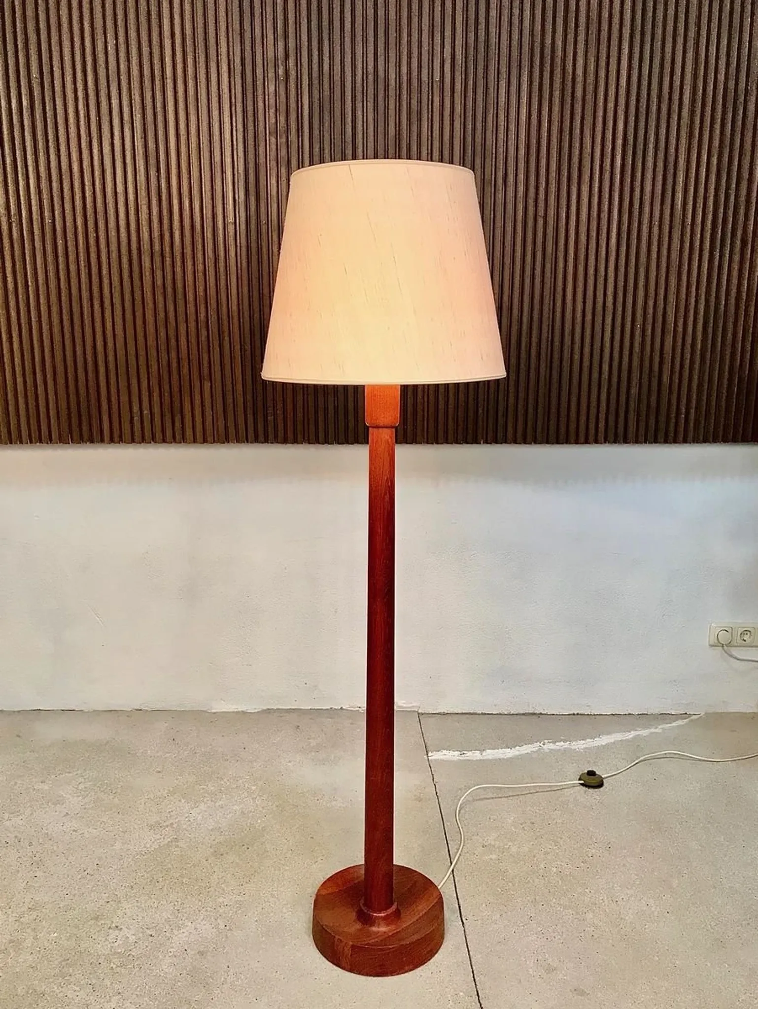 Teak Floor Lamp with Lampshade in Wild Silk, Denmark 1960s