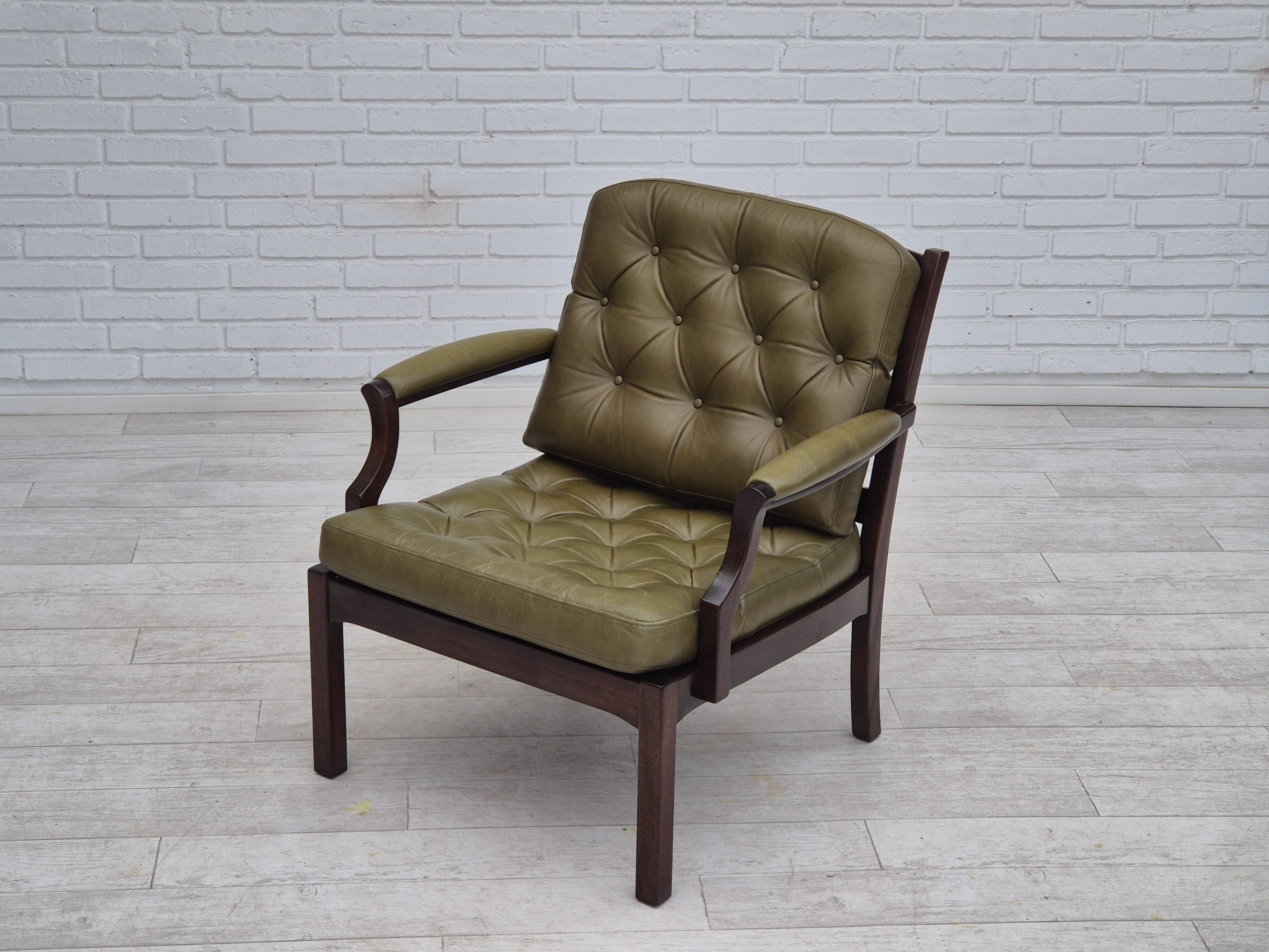 1970s, Scandinavian armchair, original condition,reen furniture leather, solid teak wood.