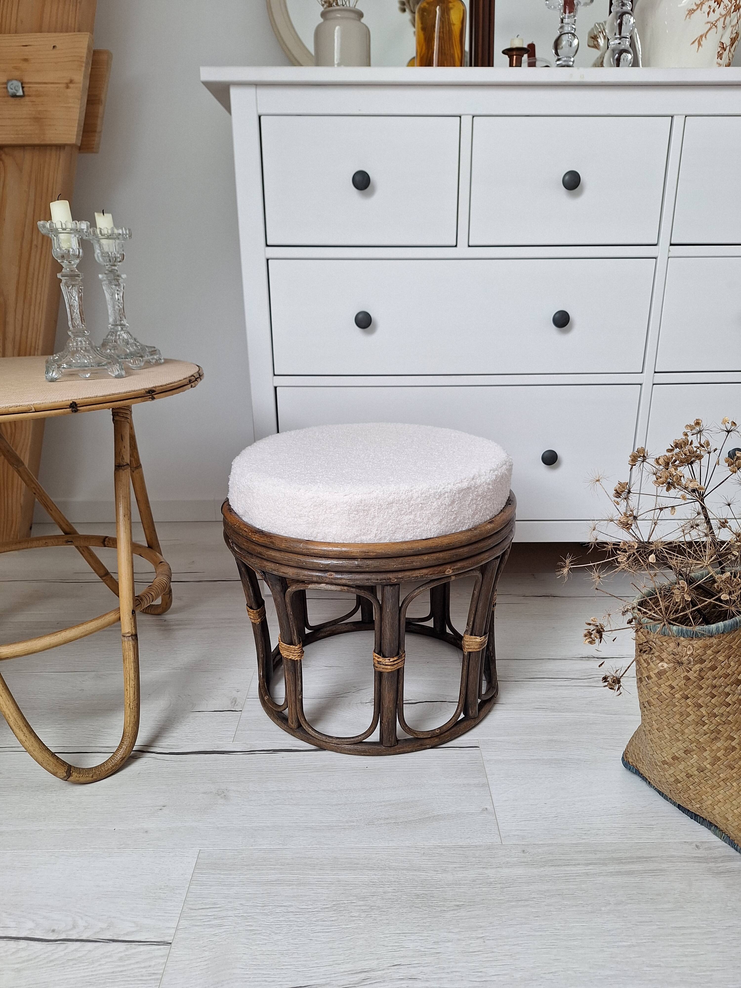 Vintage rattan and French terry fabric pouf