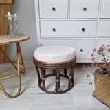 Vintage rattan and French terry fabric pouf