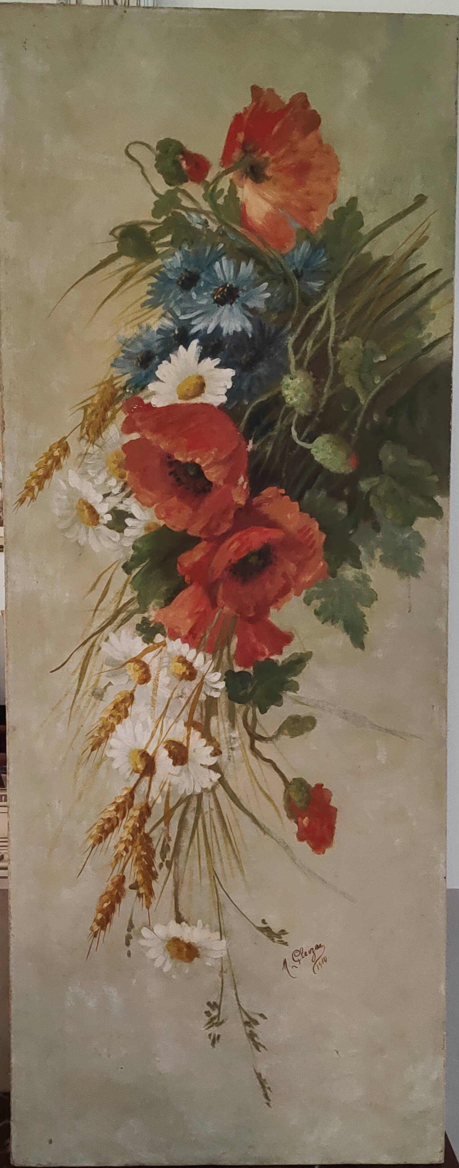 Oil painting on canvas "Country spray with poppies" 1910 signed