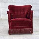 Fauteuil danois des années 1970, velours de mobilier rouge cerise, pieds en bois de chêne.