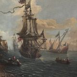 "View of a Busy Port" Oil on Canvas and its Frame, 18th Century