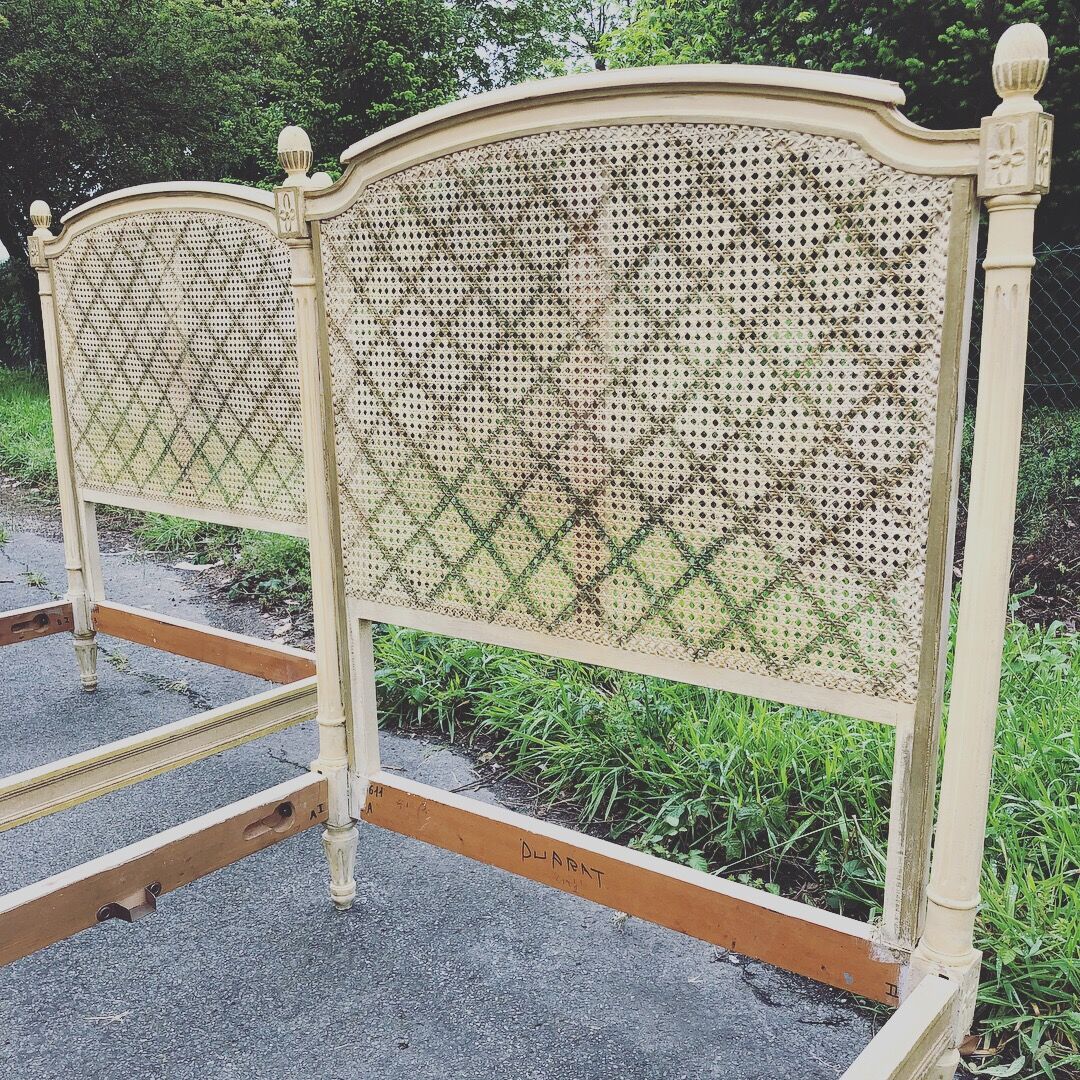 Pair of twin bed Louis XVI caned painted patinated