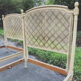 Pair of twin bed Louis XVI caned painted patinated