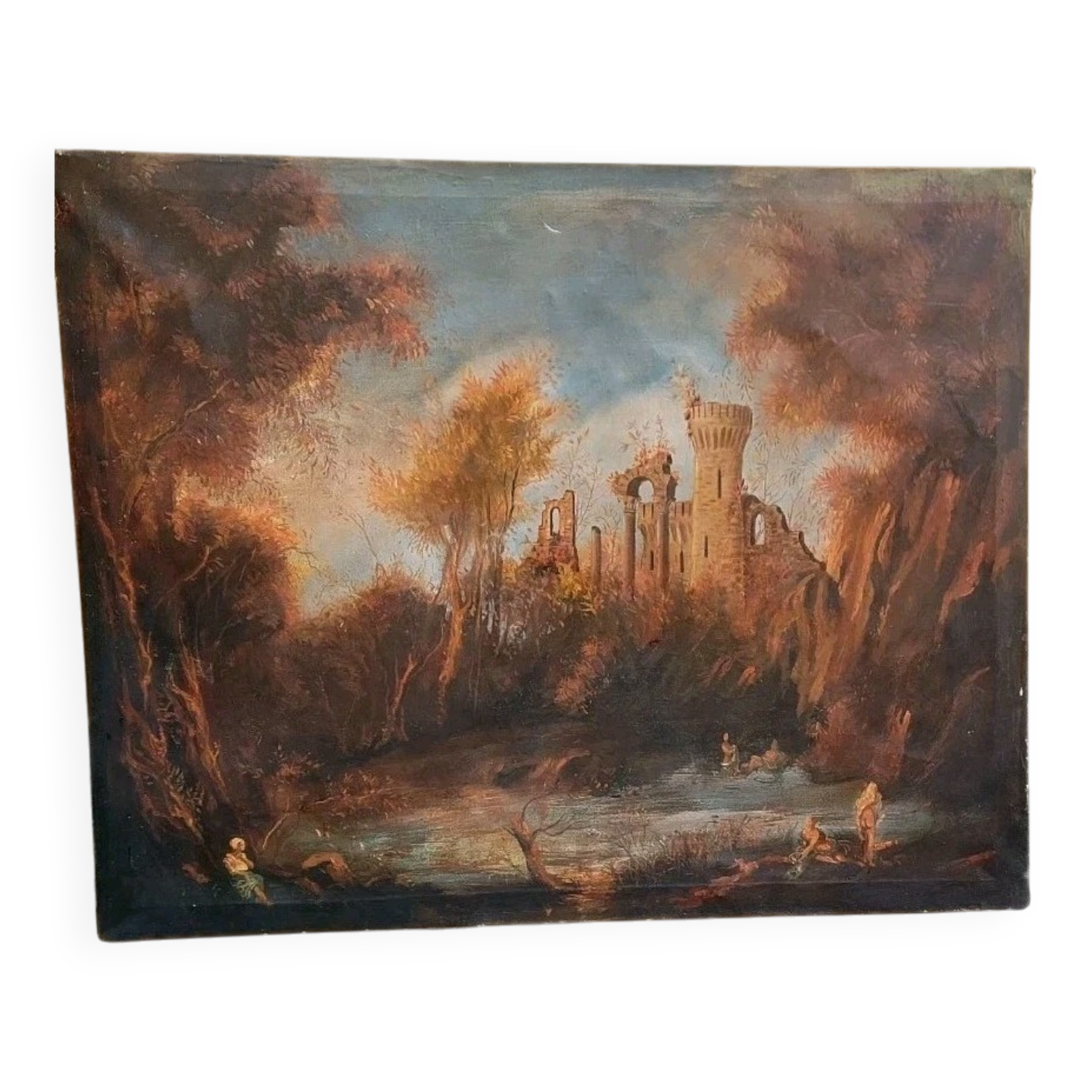 Old oil painting on canvas landscape with ruins and figures 121x98 cm