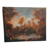 Ancienne peinture à l'huile sur toile paysage avec ruines et personnages 121x98 cm