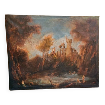 Old oil painting on canvas landscape with ruins and figures 121x98 cm