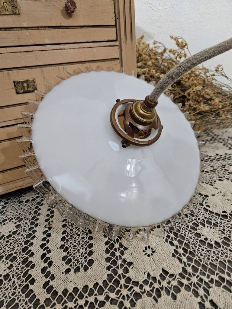 Old pendant lamp in pleated white opaline