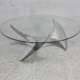 Table basse "space age". Piètement acier, dalle de verre. Circa 1970