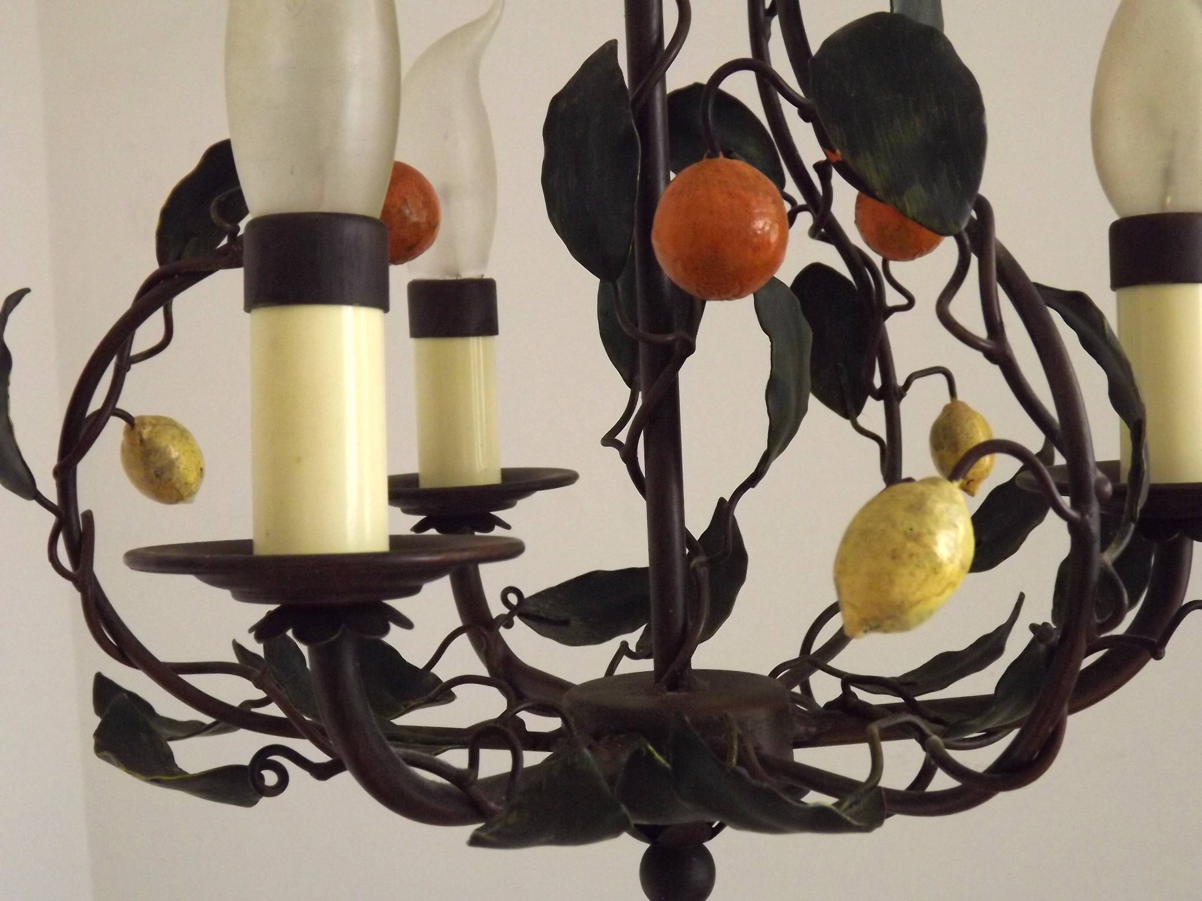 Lustre français à 3 lumières, brun clair, avec feuilles vertes, citrons et oranges 5473