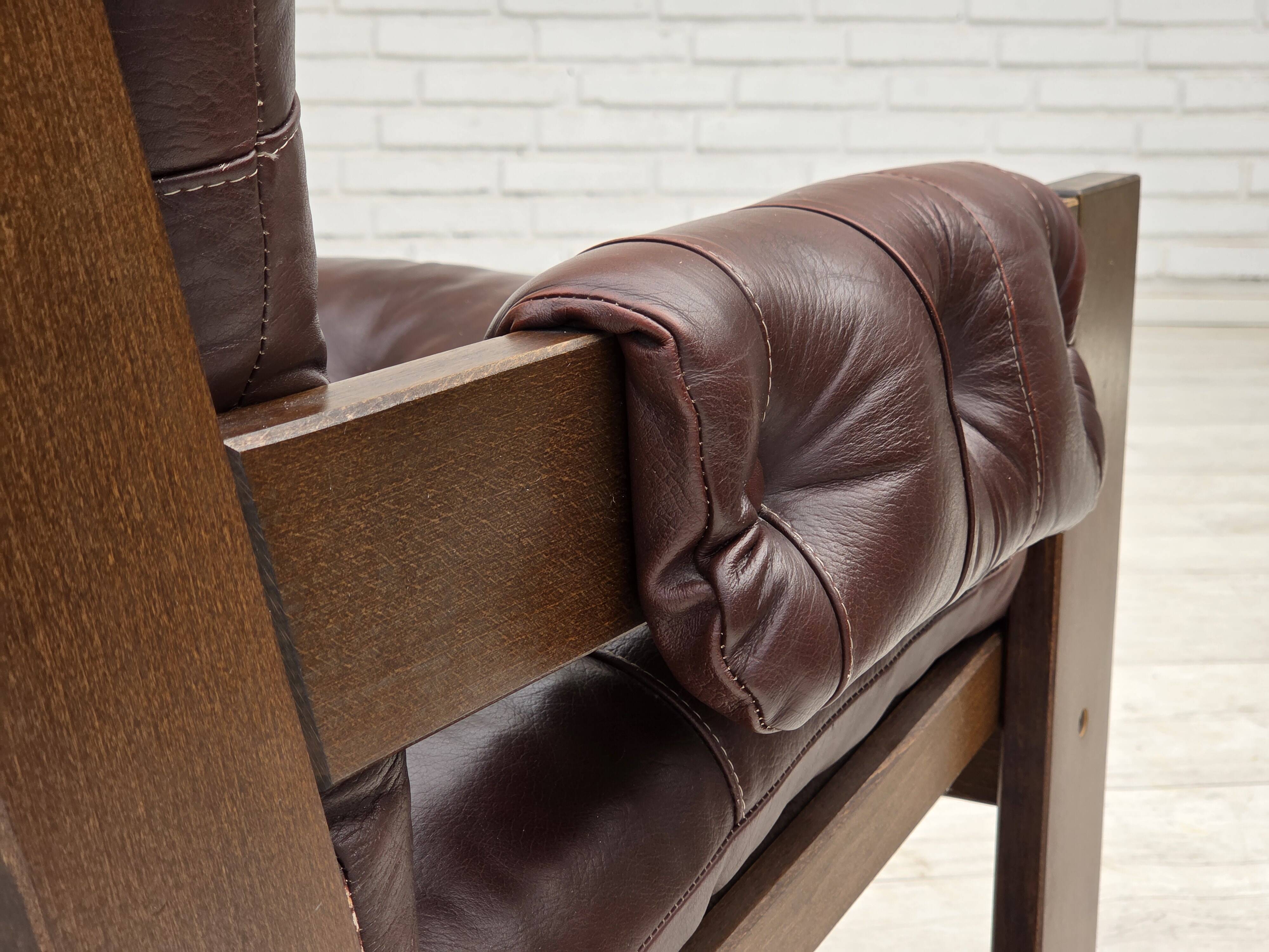 1970s, Scandinavian highback armchair, brown furniture leather, dark beech.
