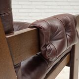 1970s, Scandinavian highback armchair, brown furniture leather, dark beech.