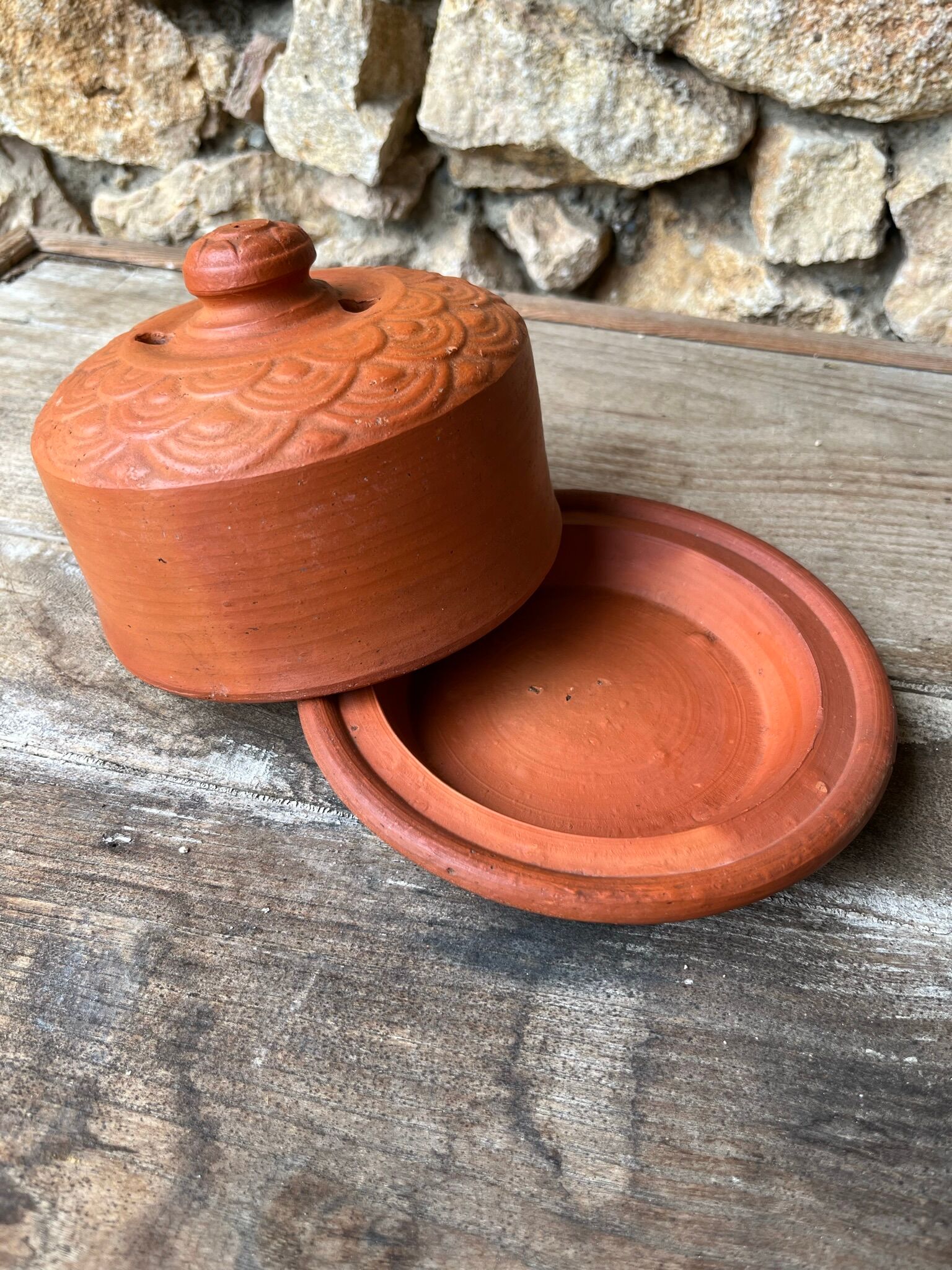 Cheese or butter bell in terracotta and its dish