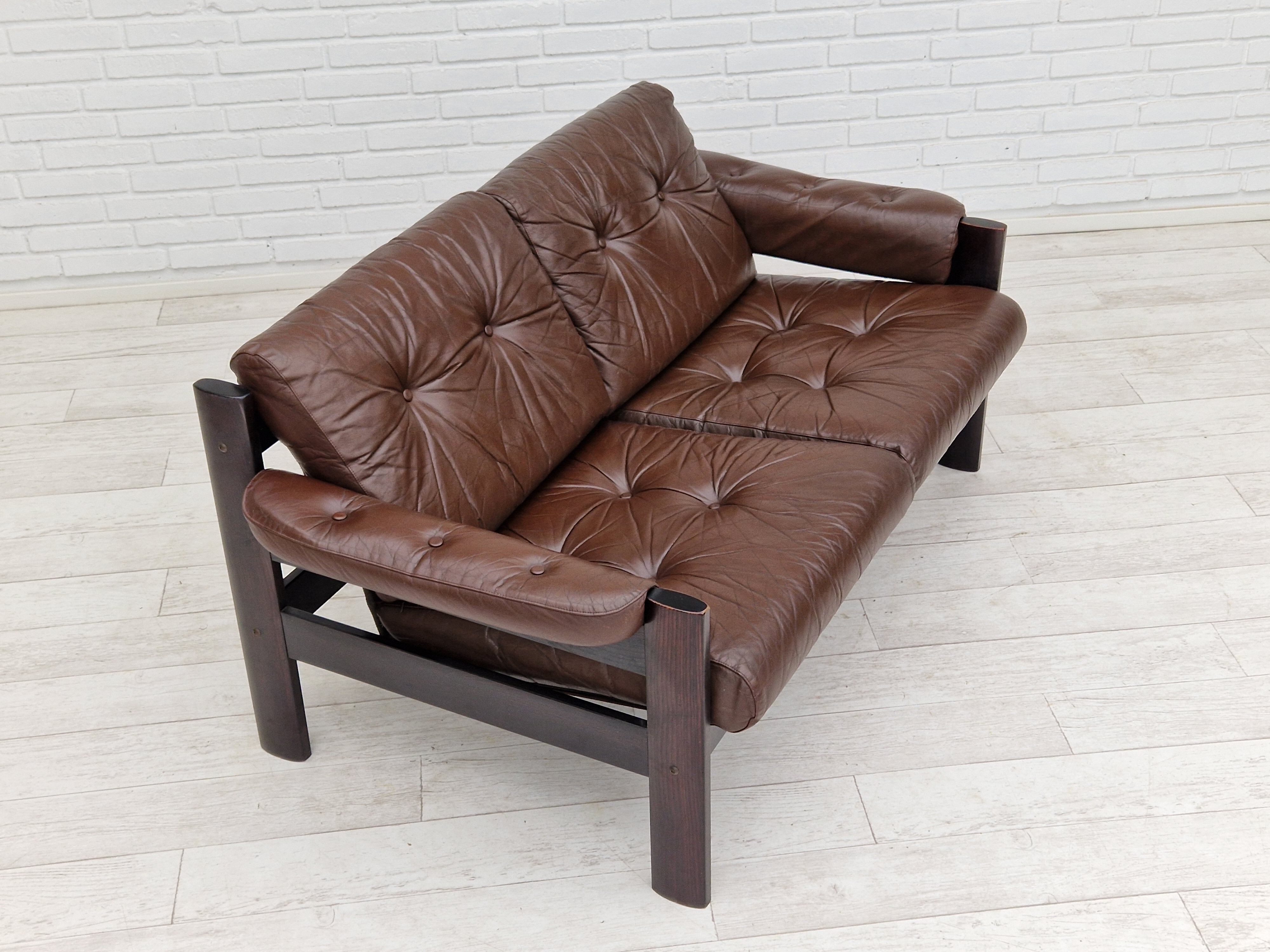 Scandinavian 2-seater sofa, original brown leather, 70s