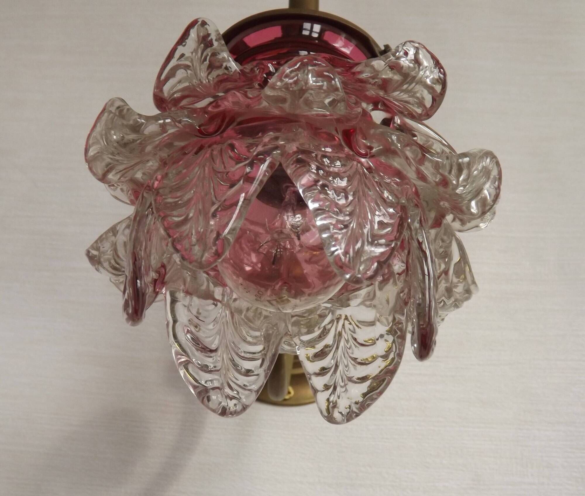 French Brass Single Wall Light with Pink & Clear Floral Glass Shade