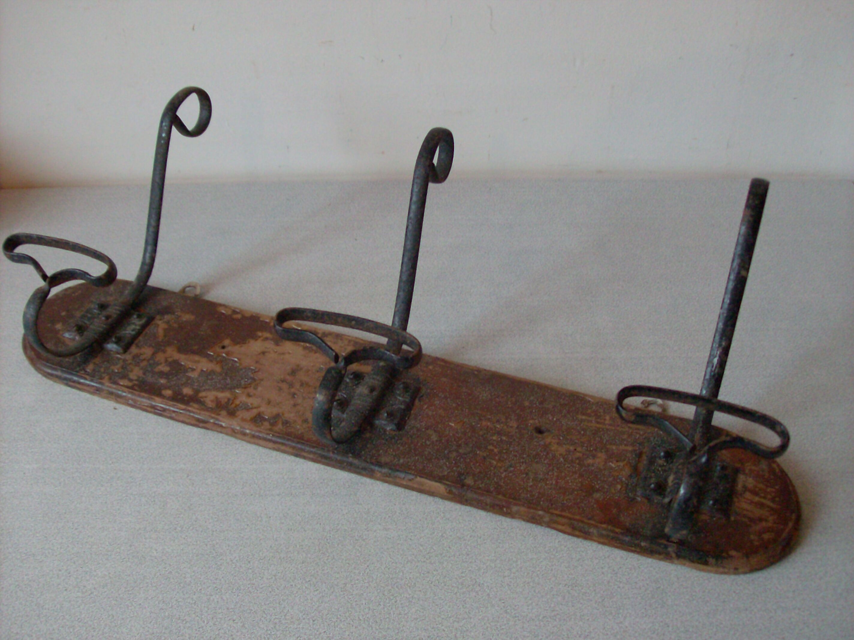 Old wall coat rack 3 metal hooks on wood deco retro entrance hall