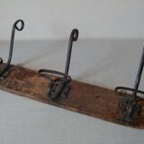 Old wall coat rack 3 metal hooks on wood deco retro entrance hall