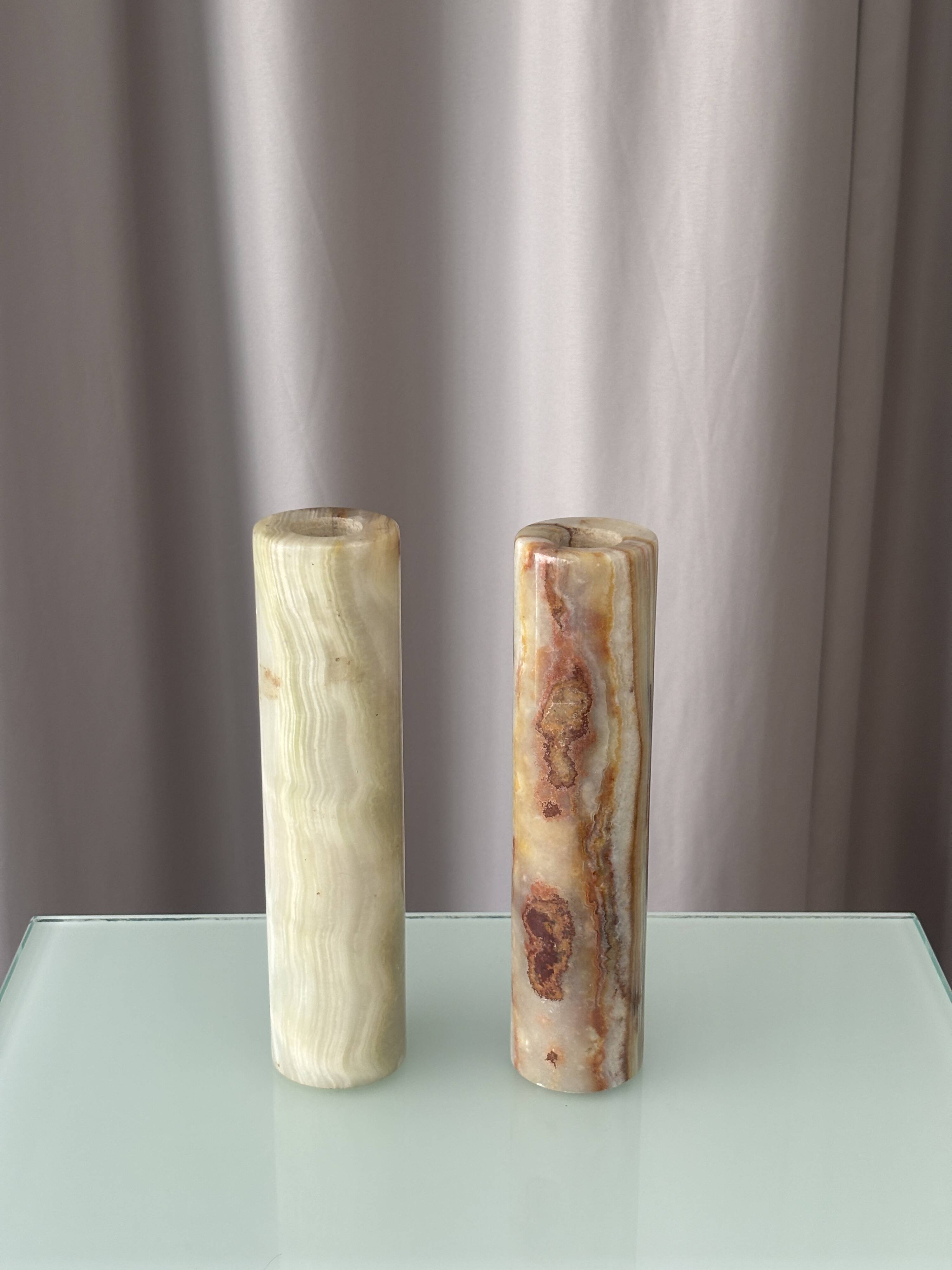 Vintage Alabaster Bud Vases / Candlesticks – Pair – Italian Stone – 20 cm