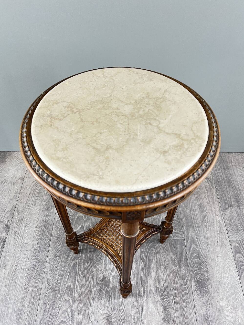 Louis XVI Style Pedestal Table, Carved Wood & Marble, Early 20th Century