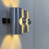 Vintage double wall light in brushed metal and rosewood, France, 1970.