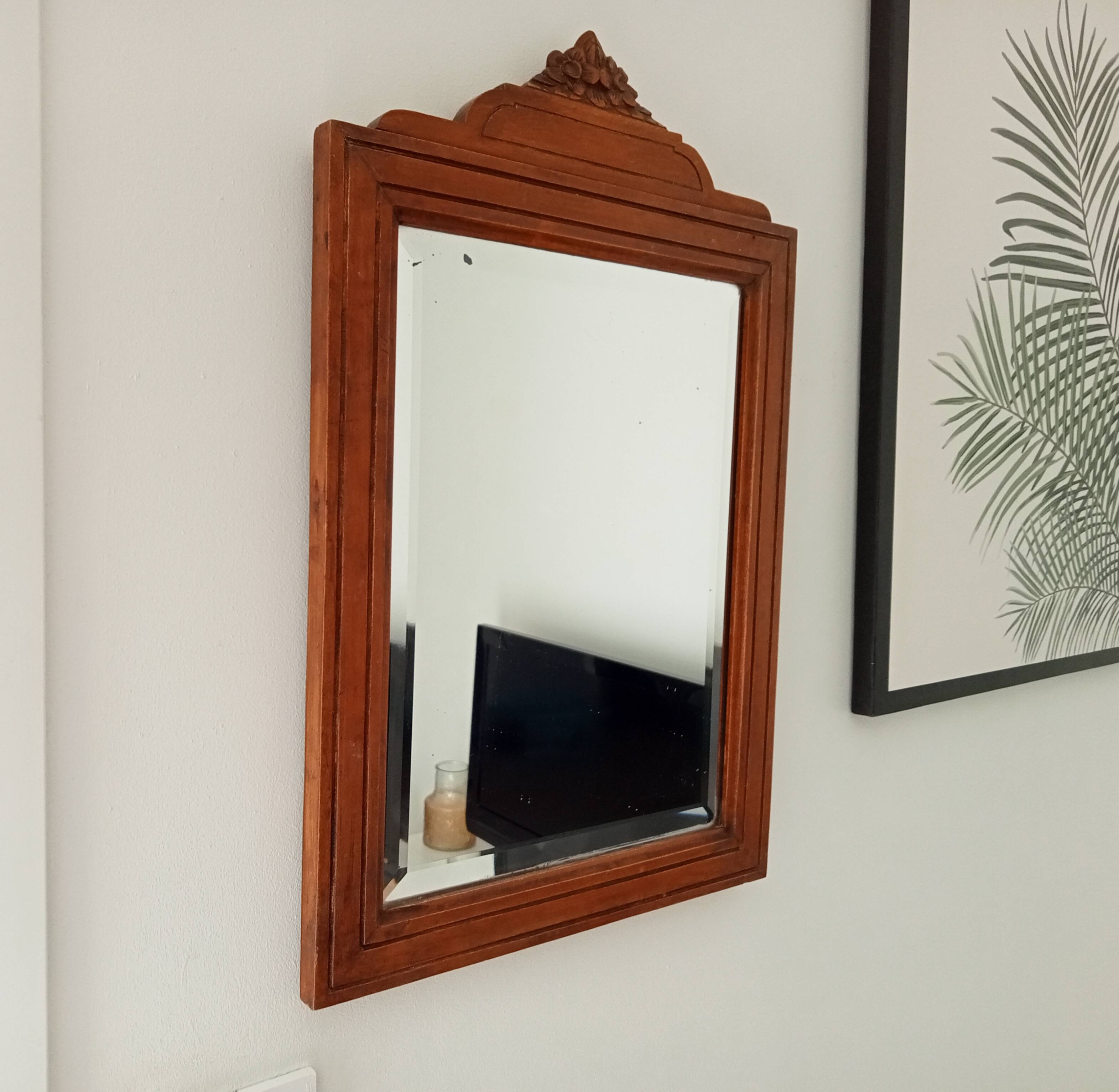 Art Deco beveled mirror in solid oak 50.5*33