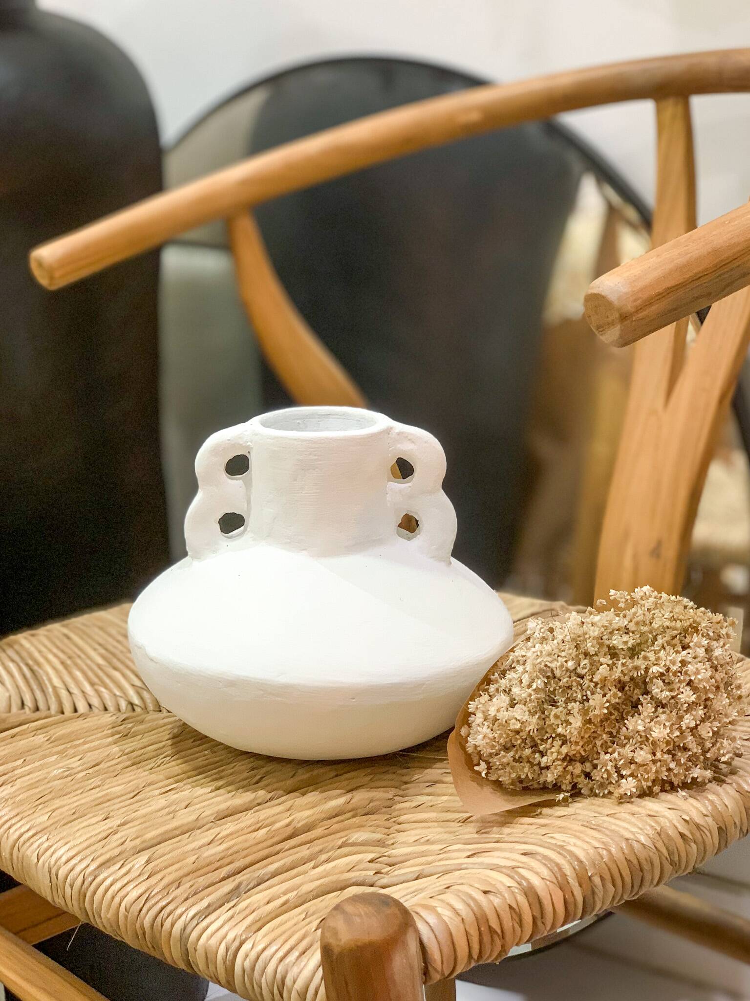 Terracotta vase with white handles