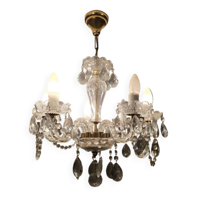 Suspension lustre ancien en verre taillé et pampilles – 6 bras