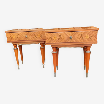 Pair of cherry marquetry bedside tables