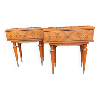 Pair of cherry marquetry bedside tables