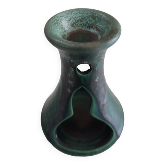 Tealight candle holder perfume burner in green enamelled stoneware