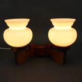 Czechoslovak wall lamp from the 1960s with Valasske Mezirici glass and a wooden base.