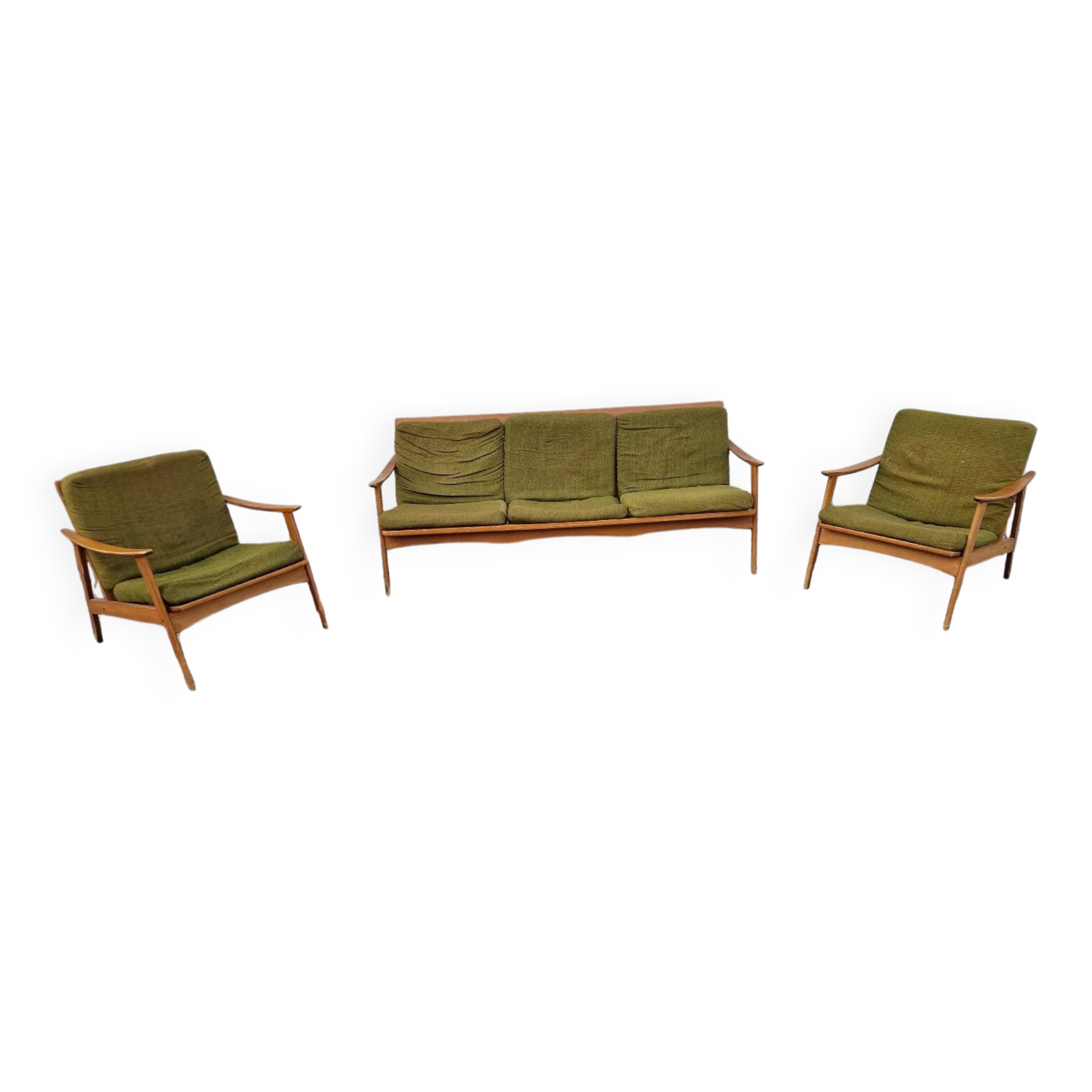 Living room set: sofa and 2 boomerang-style armchairs, 1950s