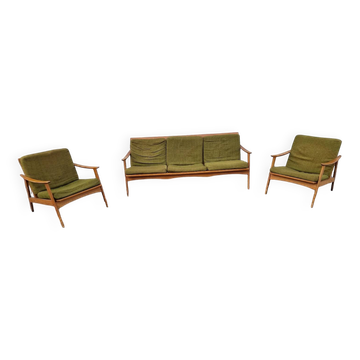 Living room set: sofa and 2 armchairs in boomerang style from the 1950s.